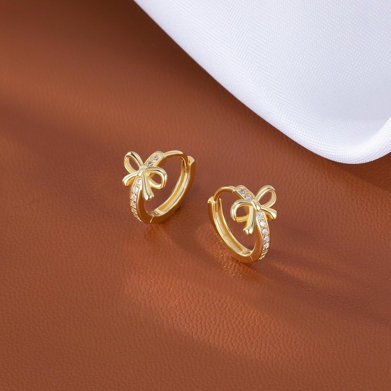 Reffeer Solid 925 Sterling Silver CZ Bow Hoop Earrings Ribbon for Women Teen Girls Bowknot Hoop Earrings Huggie - Image 4